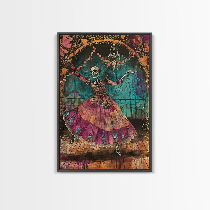 Skeleton Dancer in a Vibrant Dress Celebrates Halloween, Bringing Spooky Charm to Your Halloween Wall Art Collection