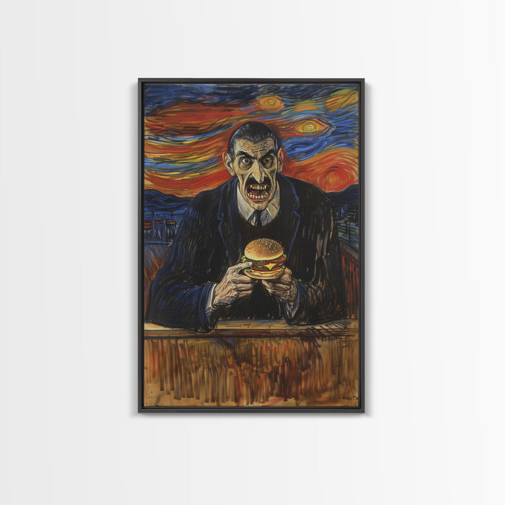 Spooky Artwork of a Man Eating a Hamburger, Inspired by the Scream, Ideal for Adding a Touch of Horror and Humor to Halloween Decor