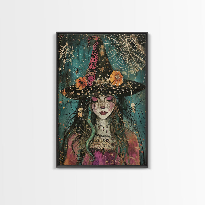 Spooky Halloween Witch Wall Art, Framed Canvas Prince, Halloween Decor, Halloween Gift Spooky Season, Cottage Core Witch and Spider Familiar