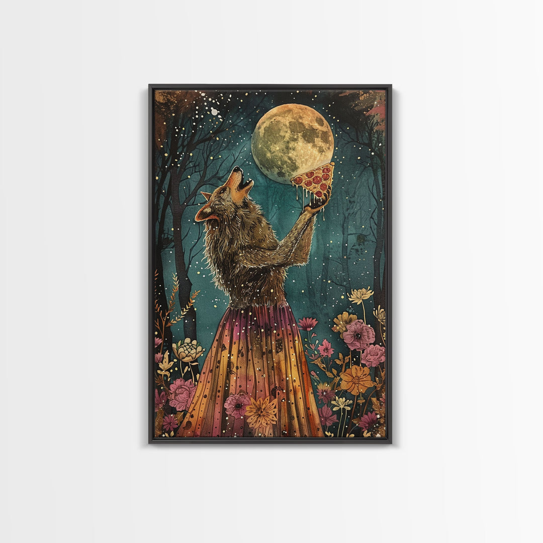 That's A Howlin' Good Pizza, Werewolf Eatin a Pizza and Howlin at The Moon, Framed Canvas Print, Funny Halloween Art