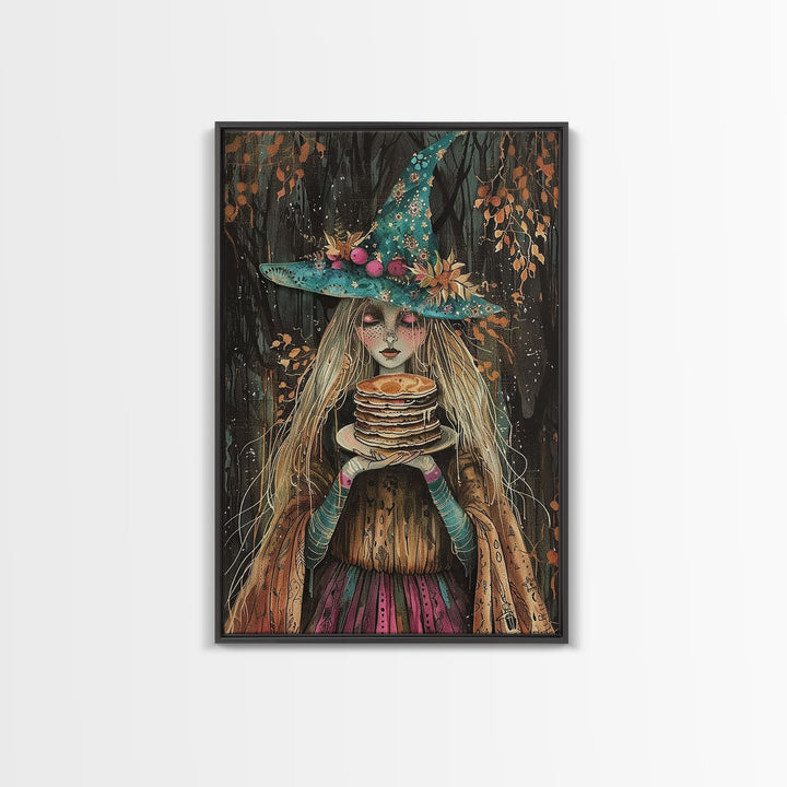 The Witch and Her Pancakes, Breakfast Witch, Framed Canvas Print, Funny Halloween Art