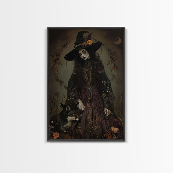 Witch and Fox Framed Canvas Print, Melancholic Witch Painting, Halloween Decor, Witchy Art, Spooky Vibes, Moody Decor