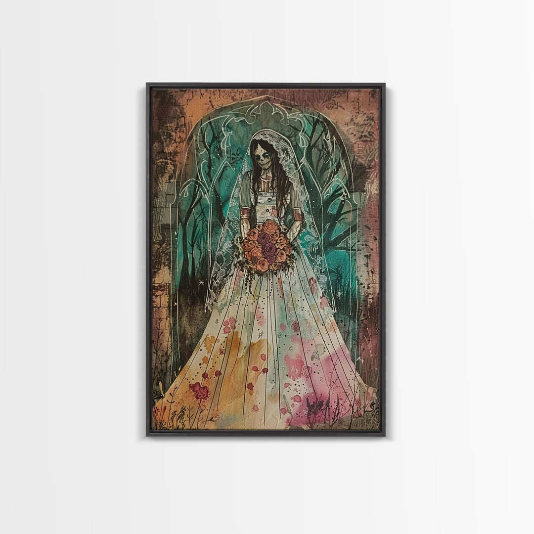 Skeleton Bride with Floral Bouquet Framed Canvas Print | Halloween Bride Art | Spooky Bride Decor for Home | Macabre Halloween Artwork