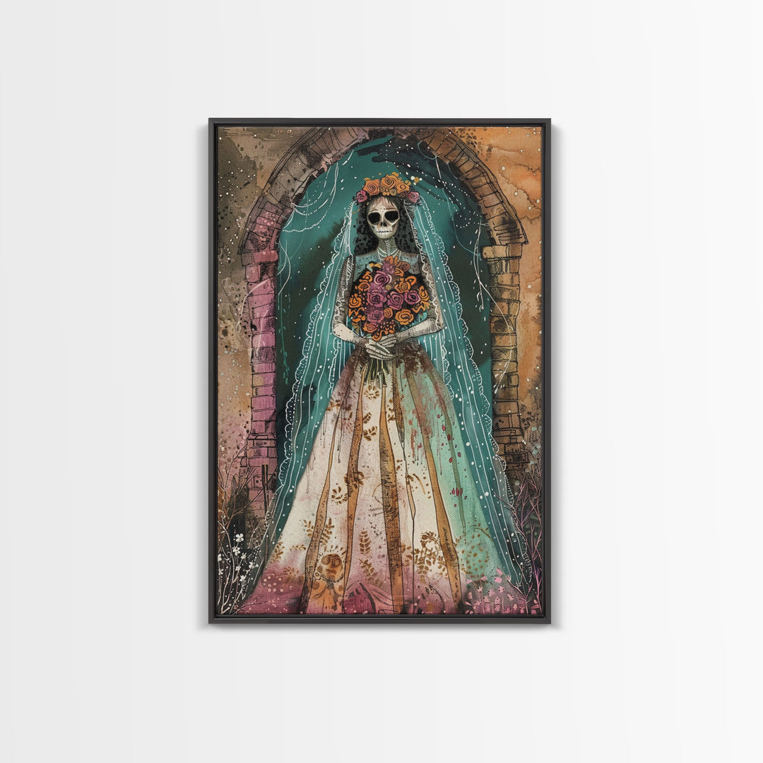 Skeleton Bride in Floral Arch Framed Canvas Print | Halloween Bride Art | Spooky Bride Decor for Home | Gothic Wedding Artwork