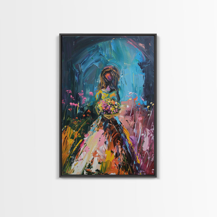 Vibrant Ghost Bride with Floral Bouquet Framed Canvas Print | Colorful Girl Art | Whimsical Girl Decor for Home | Playful Floral Artwork