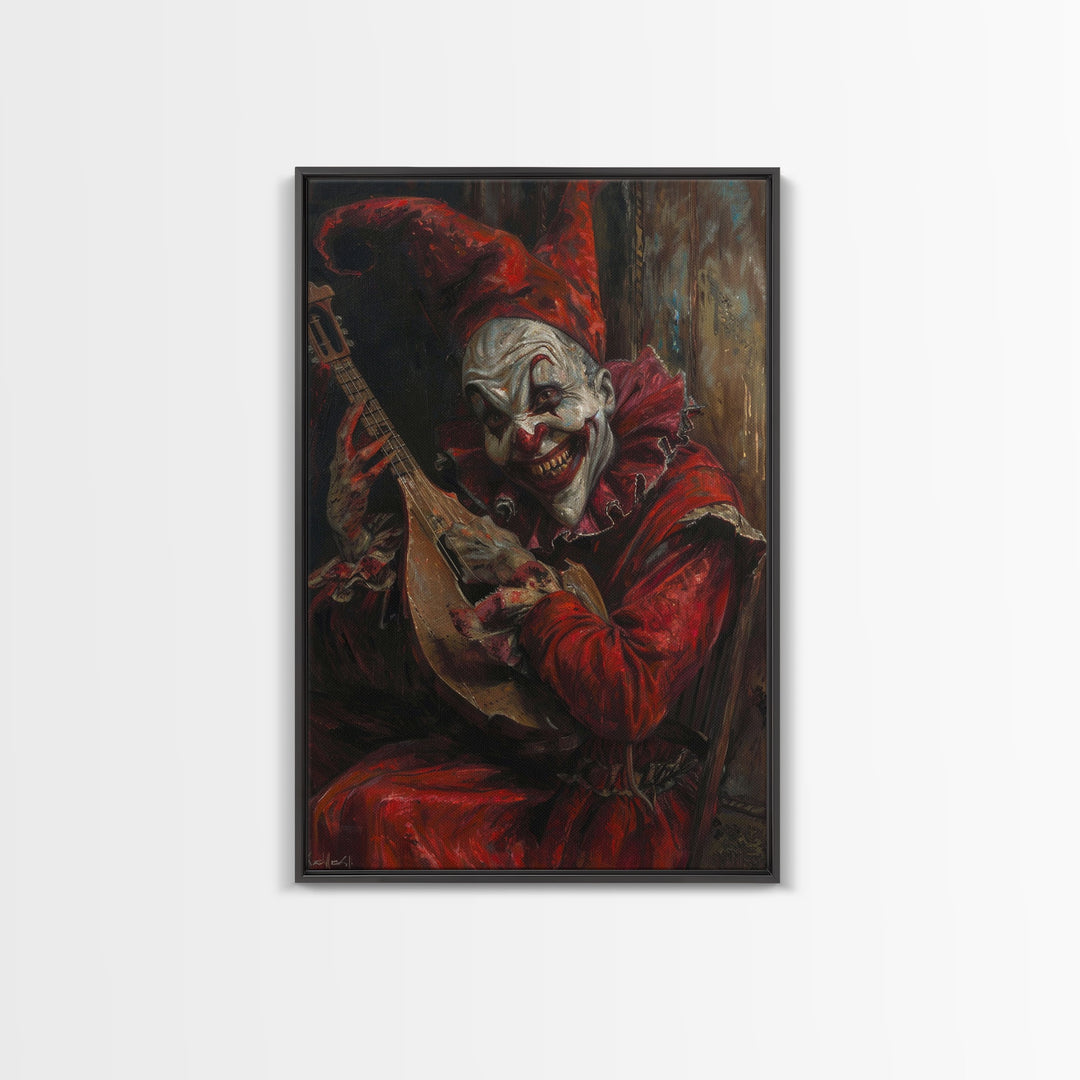 Sinister Clown with Blood-Stained Mandolin | Halloween Wall Art | Spooky Home Decor | Creepy Clown Mandolin Painting | Framed Canvas Print