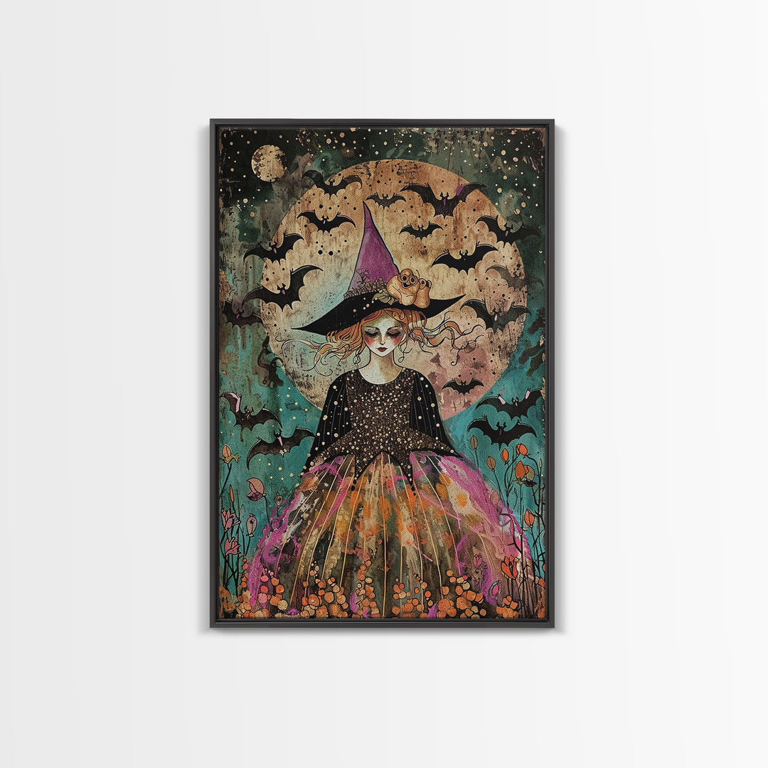 Whimsical Witch with Bats Under Full Moon, Framed Canvas Print, Spooky Halloween Art, Witch Decor, Magical Night, Enchanted Home Decor