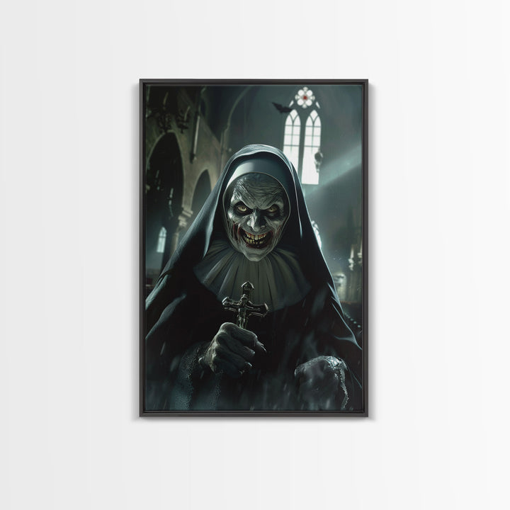 Sinister Nun with Crucifix in Haunted Church - Scary Halloween Themed Framed Canvas Print, Creepy Gothic Home Wall Decor