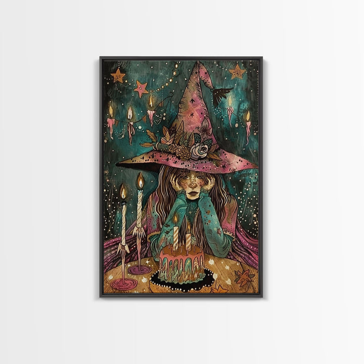 The Sad Birthday Witch, Witch With Birthday Cake Framed Canvas Print, Melancholy, Halloween Decor, Witchy Art, Cottagecore Colorful Art