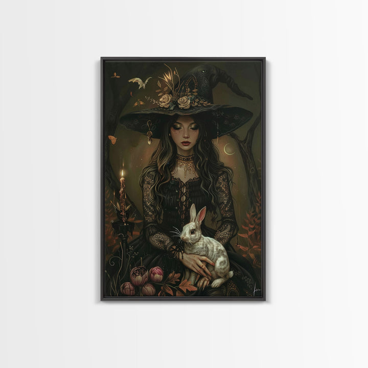 Witch with Bunny and Candles - Mystical Forest Enchantment Halloween Art Framed Canvas Print, Witchy Home Decor