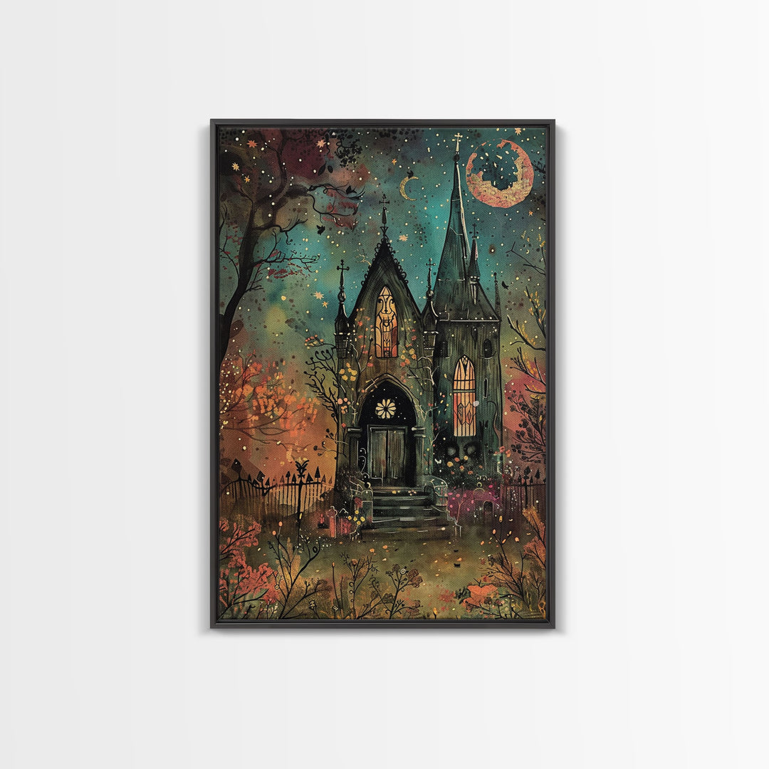 The Haunted Mausoleum, Framed Canvas Print, Spooky Season Halloween Decor, Halloween Props Wall Art, Gift For Halloween Lover