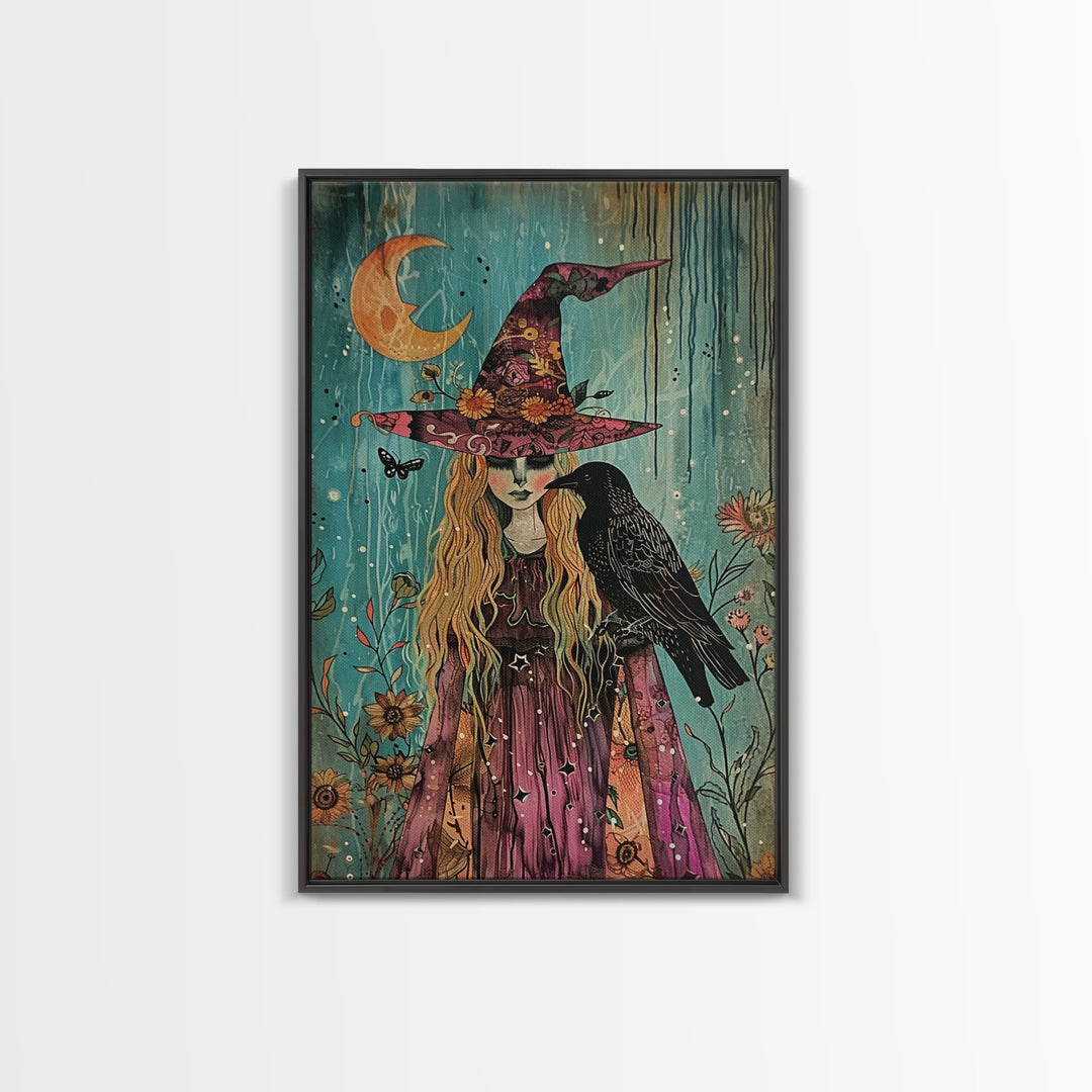 Witch with Owl in Magical Forest - Halloween Art, Gothic Art, Spooky Decor, Dark Magic Art, Enchanted Woods, Framed Canvas Print