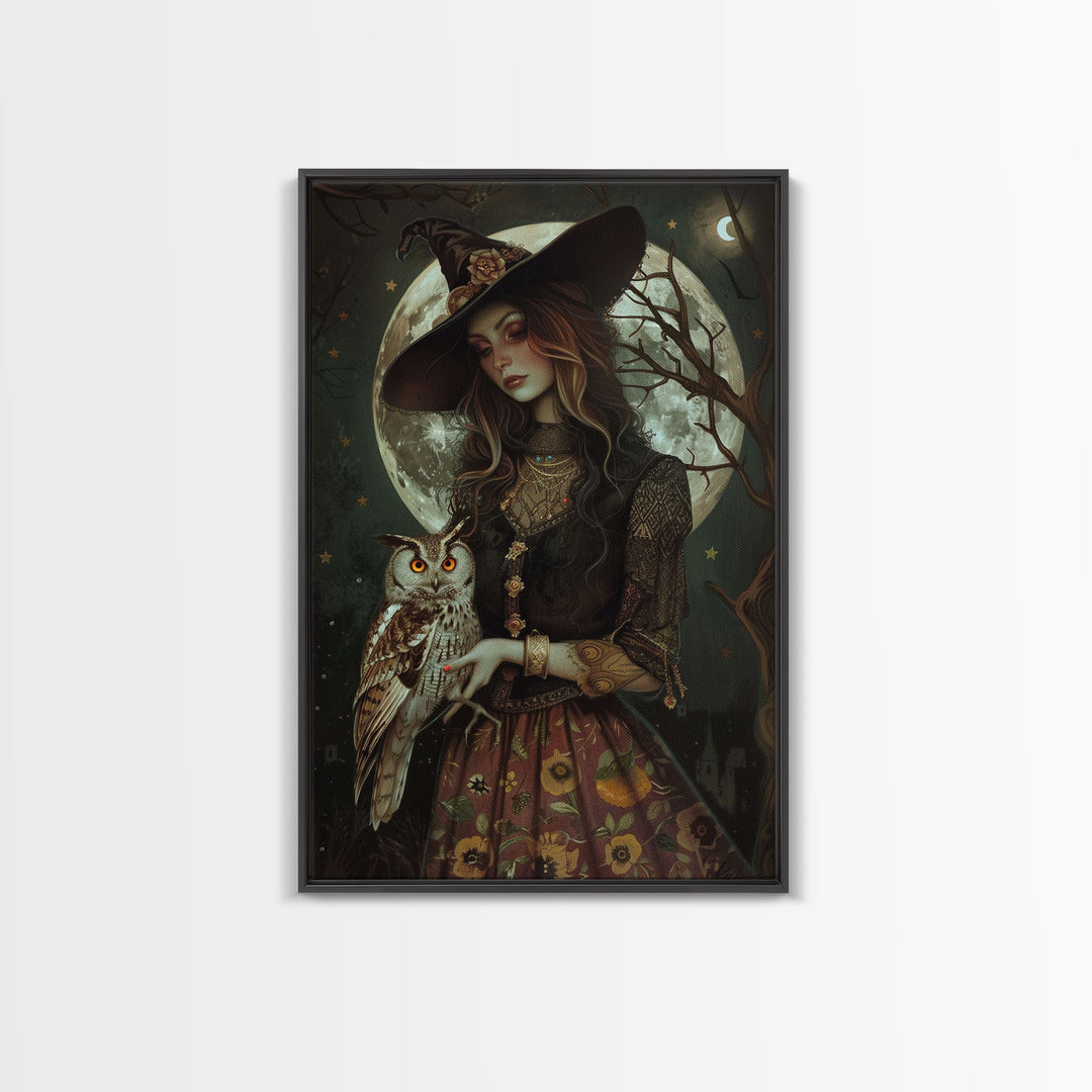 Witch Holding Owl Canvas Print - Halloween Art, Spooky Home Decor, Wall Art, Witch Painting, Halloween Decor, Framed Canvas Print