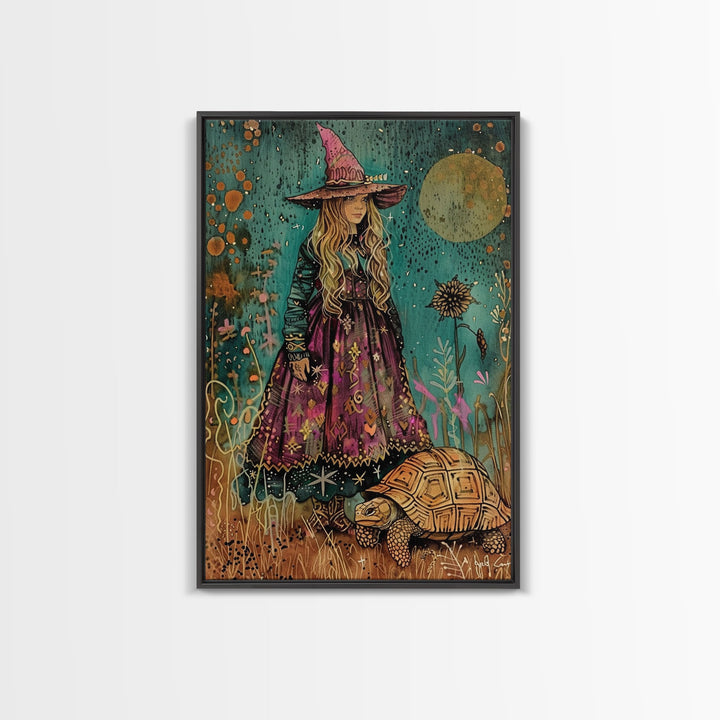 Witch With Tortoise Canvas Print - Halloween Art, Spooky Home Decor, Witch Wall Art, Witch Painting, Halloween Decor, Framed Canvas Print