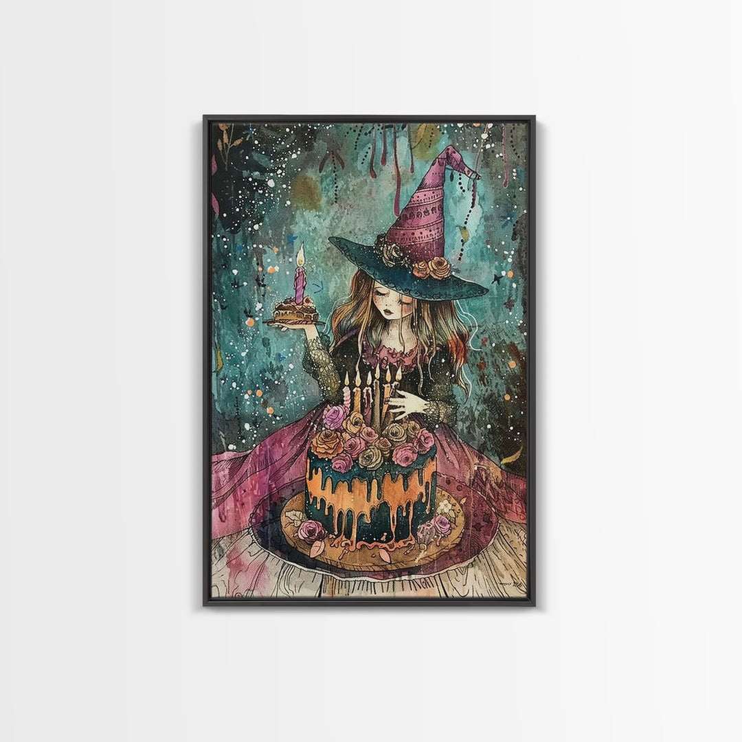 Witchy Birthday Party For One, Framed Canvas Print, Melancholy Witch Halloween Art