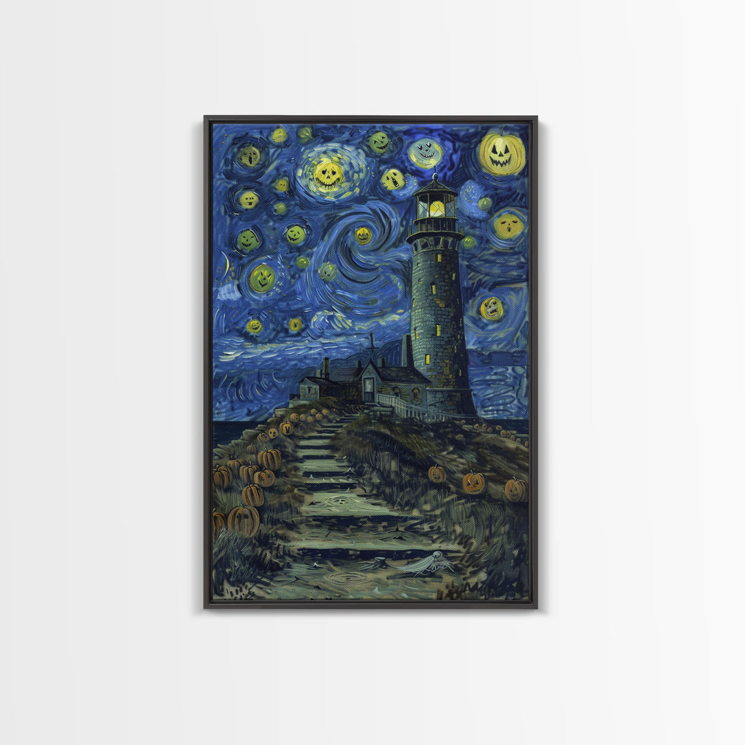 Starry Night Inspired Haunted Light House Framed Canvas Print, Van Gogh Inspired, Spooky Season Halloween Art