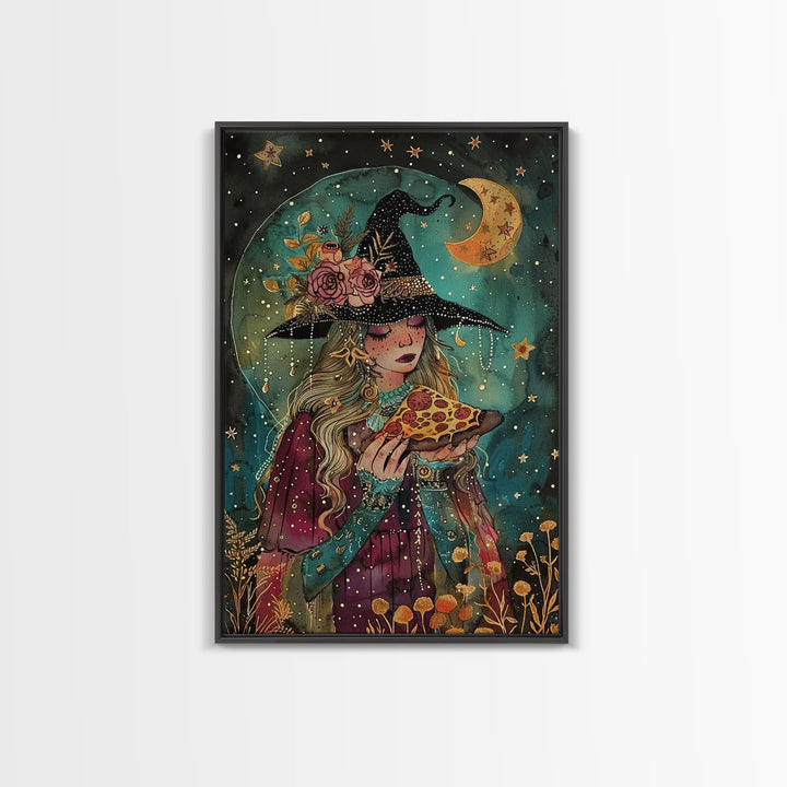 Summer Witch and Her Slice Of Pizza, Framed Canvas Print, Cute / Funny Halloween Art