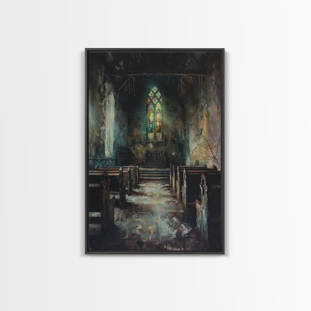 Victorian Haunted Church Framed Canvas Print, Halloween Oil Painting, Halloween Decor Wall Art, Spooky Season Dark Academia Decor