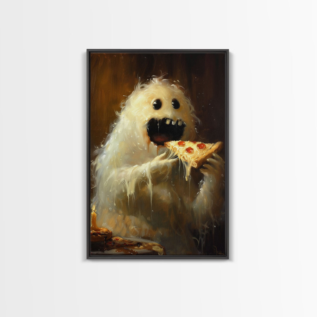 The Pizza Ghost, Framed Canvas Print, Funny Halloween Wall Art