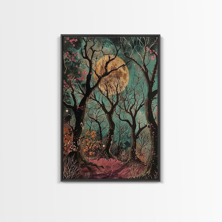 Witchy Woodland Path Framed Canvas Print, Halloween Enchanted Forest Art, Spooky, Haunted Path Decor, Mystical Artwork, Framed Canvas Print