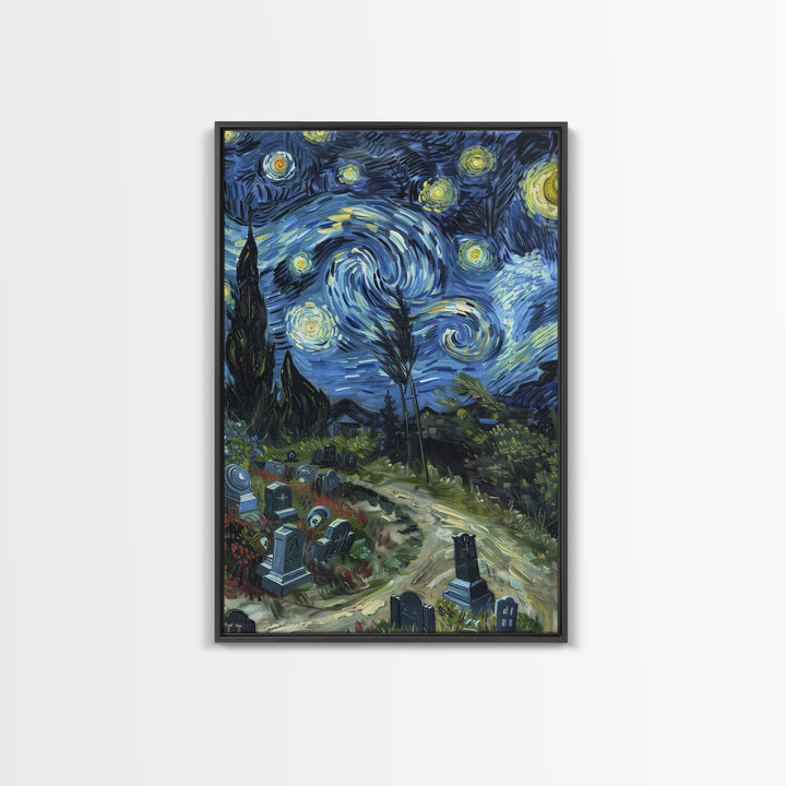 Starry Night Inspired Haunted Cemetary, Haunted Grave Yard, Spooky Season Wall Art, Halloween Decor