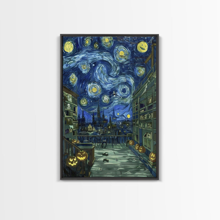 Spooky Night Train Arrival Framed Canvas Print, Halloween Wall Art, Haunted Train Artwork, Eerie Station Decor, Ghostly Home Art