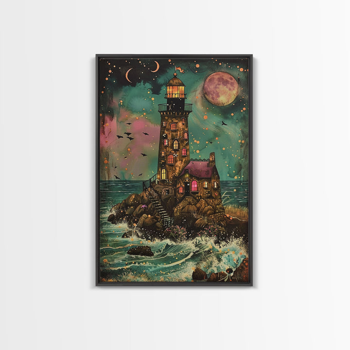 The Haunted Light House Framed Canvas Print, Retro Style Halloween Decor, Cottage Core Halloween Art