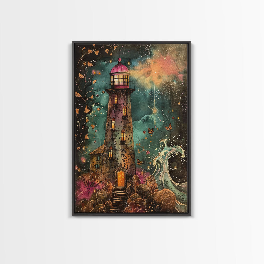 The Haunted Light House Framed Canvas Print, Retro Style Halloween Decor, Cottage Core Halloween Art