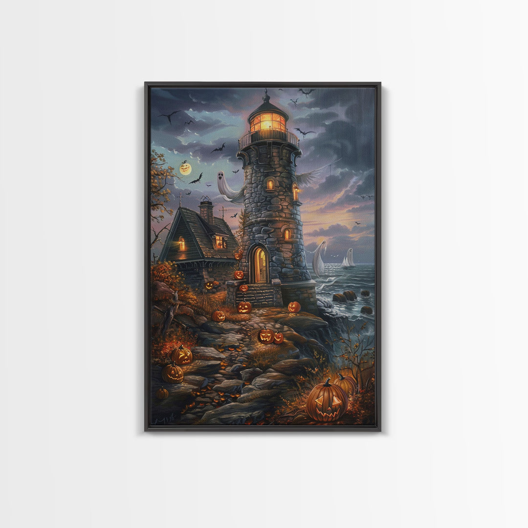 The Haunted Light House Framed Canvas Print, Impasto Style Halloween Decor, Cottage Core Halloween Art