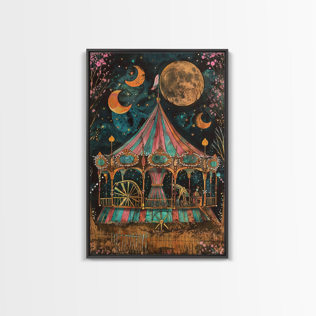 Spooky Haunted Carnival, Halloween Framed Canvas Print, Halloween Art, Springtime Cottage Core Halloween Mashup Decor