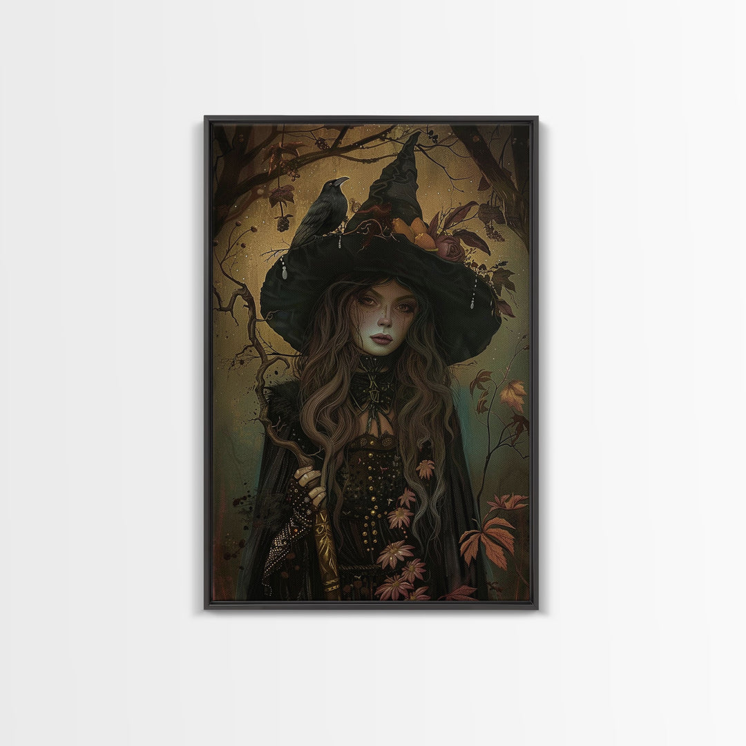 The Witch And The Raven, Framed Canvas Print, Raven Familiar, Victorian Witch Painting, Halloween Decor, Halloween Trinket, Spooky Wall Art