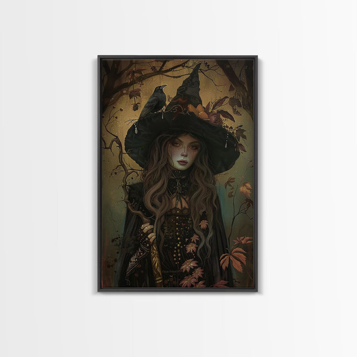 The Witch And The Raven, Framed Canvas Print, Raven Familiar, Victorian Witch Painting, Halloween Decor, Halloween Trinket, Spooky Wall Art