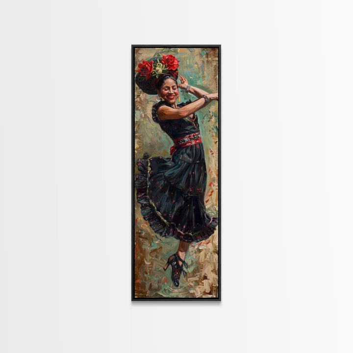 Mexican Inspired Textured Canvas Art of Flamenco Dancer, Spanish Oil Painting, Oversized Vintage Canvas Art Print, Tall and Narrow Art