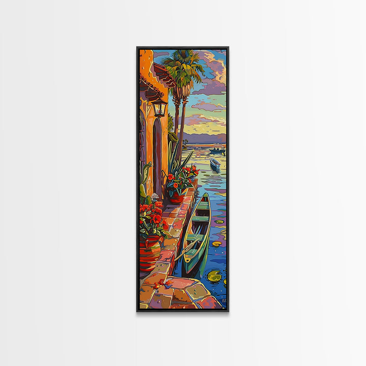 Long Narrow Vertical Wall Art Print of Beachside Landscape, Sunset Wall Art Print, Nautical Wall Art Framed on Canvas, Colorful Beach Art