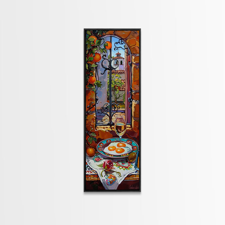 Oversized Mediterranean Style Cafe Painting Framed on Canvas, Whimsical Art, Vertical Wall Art, Spanish Style Cafe Painting, Kitchen Art