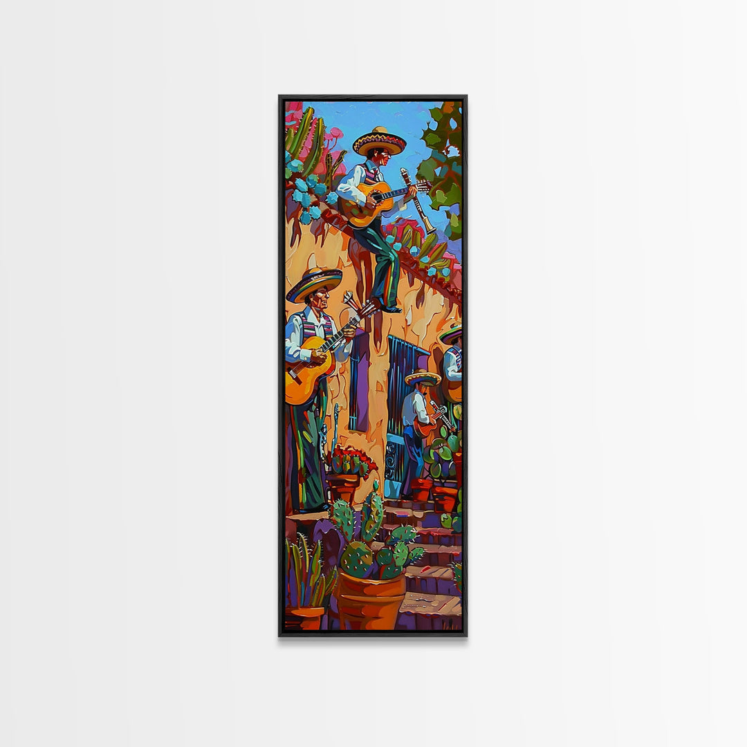 Tall and Narrow Mexican Style Mariachi Band Printed on Framed Canvas, Colorful Botanical Canvas Art, Maximalist Wall Art Print, Spanish Art