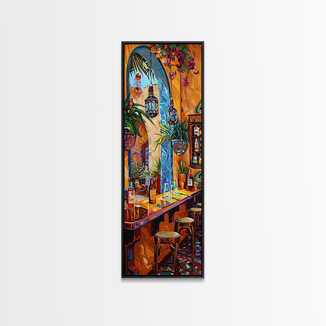 Spanish Inspired Bar Art Canvas Painting Framed, Still Life Art for Kitchen, Abstract Oil Painting, Vertical Framed Wall Art for Kitchen