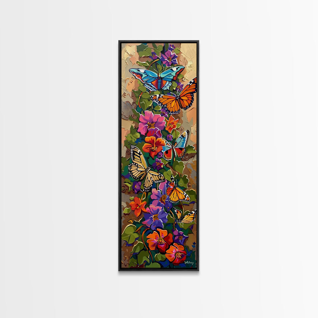 Colorful Abstract Framed Butterfly Canvas Art, Gouache Style Painting, Botanical Wall Art, Oversized Long Narrow Wall Art for Bedroom