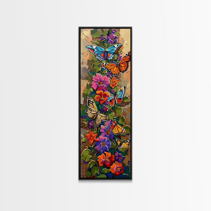 Colorful Abstract Framed Butterfly Canvas Art, Gouache Style Painting, Botanical Wall Art, Oversized Long Narrow Wall Art for Bedroom