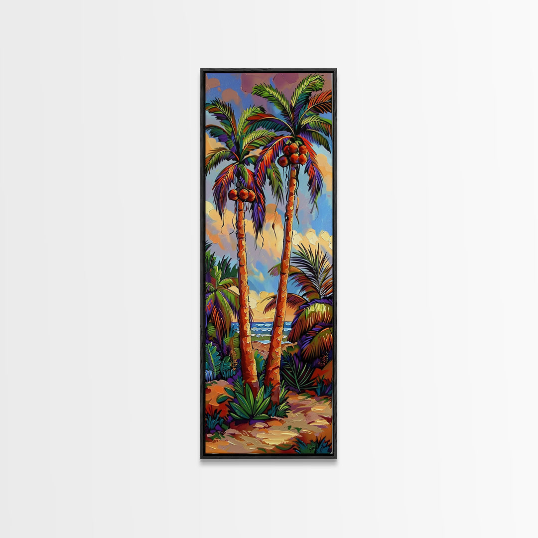 Abstract Canvas Painting of Beach Landscape, Palm Tree Art Print, Tall and Narrow Canvas Art of Ocean, Beachy Wall Art for Living Room