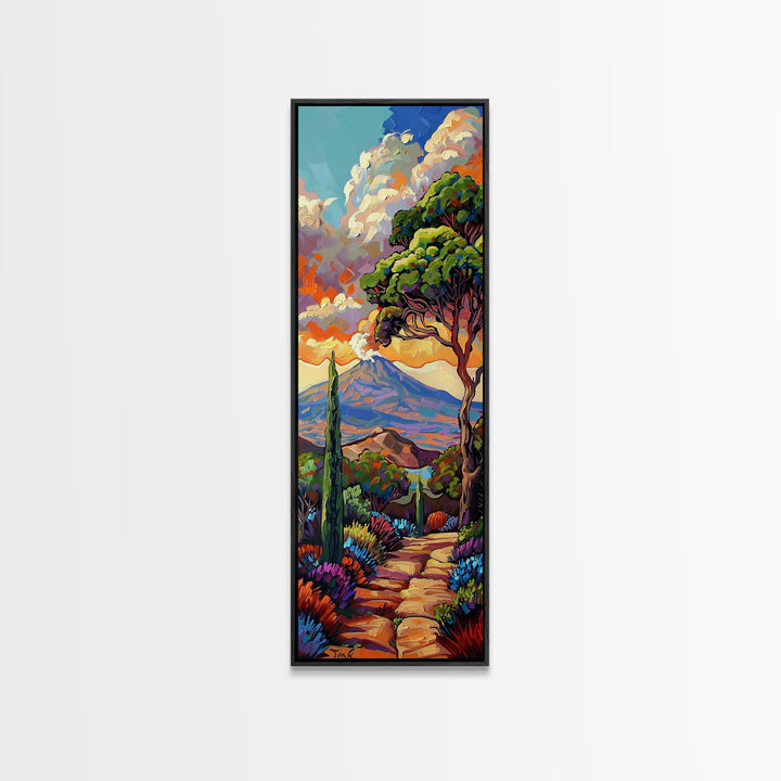 Colorful Textured Canvas Painting of Erupting Volcano Landscape, Tall and Narrow Vertical Art for Office, Mountain Wall Art Prints Framed