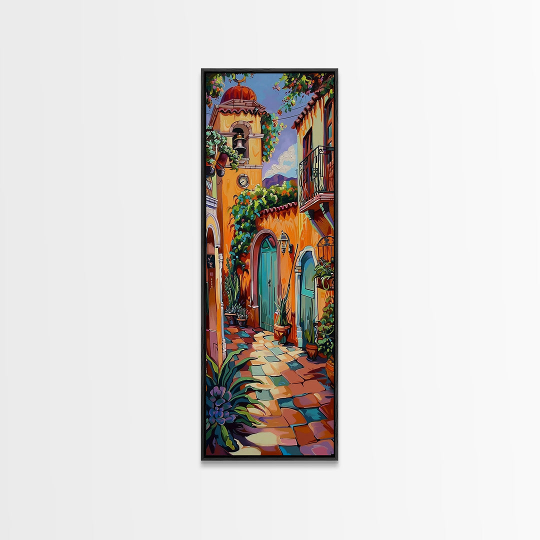 Rustic Colorful Mexican Inspired Hacienda Canvas Painting Framed, Spanish Wall Art Print, Vertical Tall and Narrow Wall Art for Large Space