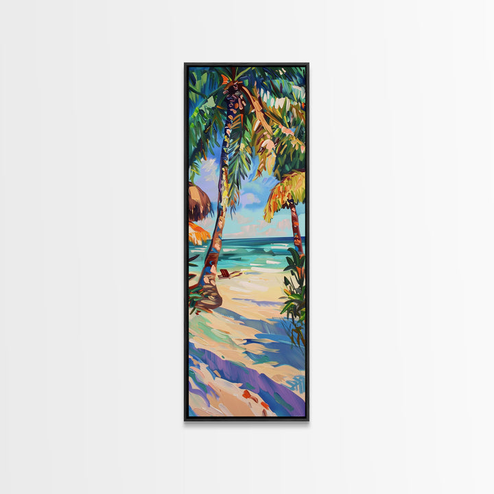 Tropical Wall Art Canvas of Ocean Landscape, Acrylic Gouache Style Canvas Art Framed and Printed, Long and Narrow Modern Abstract Art