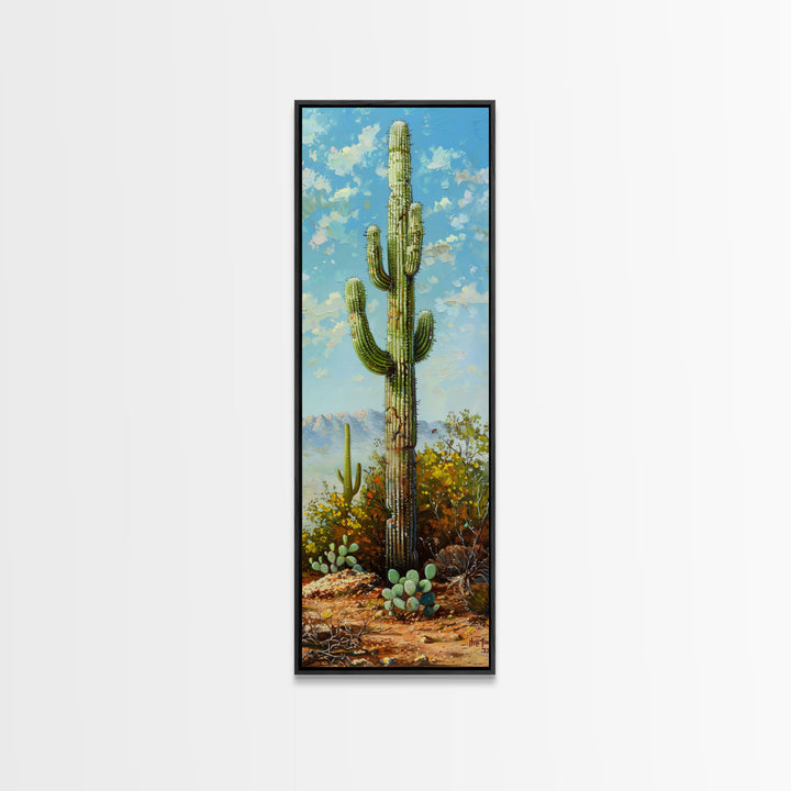 Framed Printed Acrylic Canvas Painting of Saguaro Cactus, Colorful Desert Art Print, Modern Western Wall Art Print, Office Wall Decor