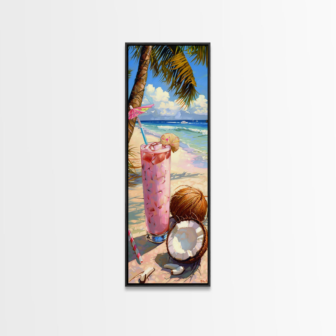 Tropical Kitchen Wall Art Print Framed on Canvas, Colorful Bar Wall Art Print, Tall and Narrow Framed Coastal Wall Art for Kitchen and Bar