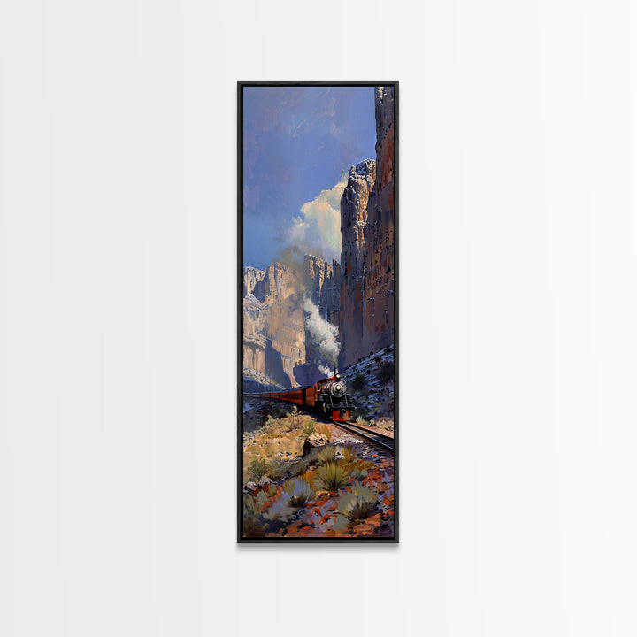 Wild West Art Print of Train in Mountains, Vertical Art, Landscape Art, Western Art, Narrow Wall Art Framed on Canvas, Desert Botanical Art