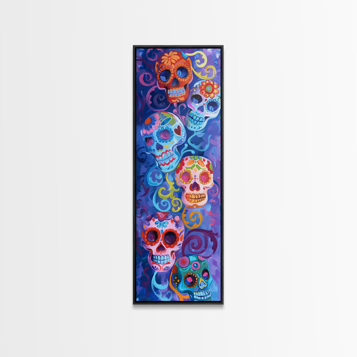 Vertical Calavera Sugar Skull Day of The Dead Canvas Painting Framed, Mexican Framed Art, Colorful Living Room Wall Art, Modern Abstract Art