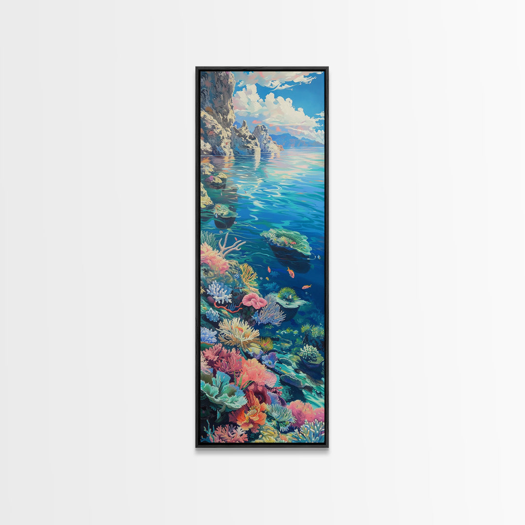 Tall and Narrow Vibrant Coral Reef Coastal Art Framed on Canvas, Ocean Painting, Tropical Coast Wall Art, Modern Art Print for Living Room