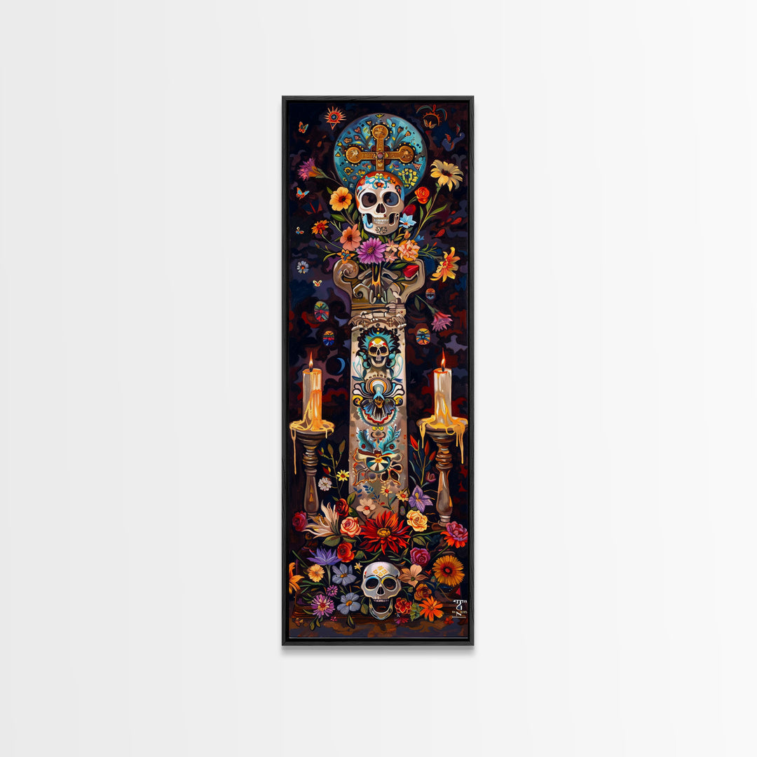 Dia De Los Muertos Sugar Skull Canvas Painting, Gothic Wall Art Print, Skinny Framed Canvas Art, Colorful Day of The Dead Poster Art