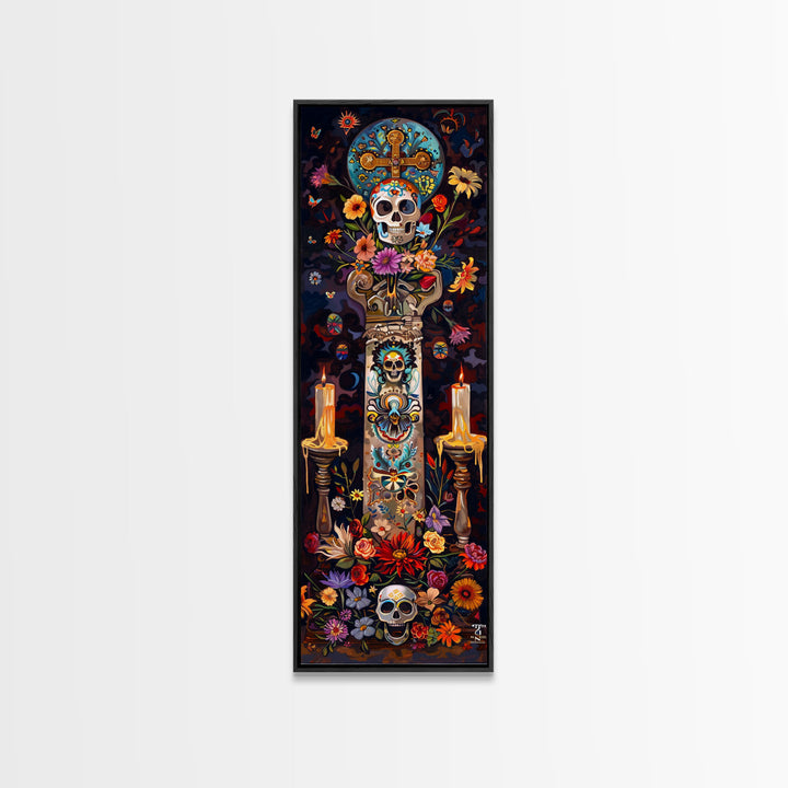 Dia De Los Muertos Sugar Skull Canvas Painting, Gothic Wall Art Print, Skinny Framed Canvas Art, Colorful Day of The Dead Poster Art